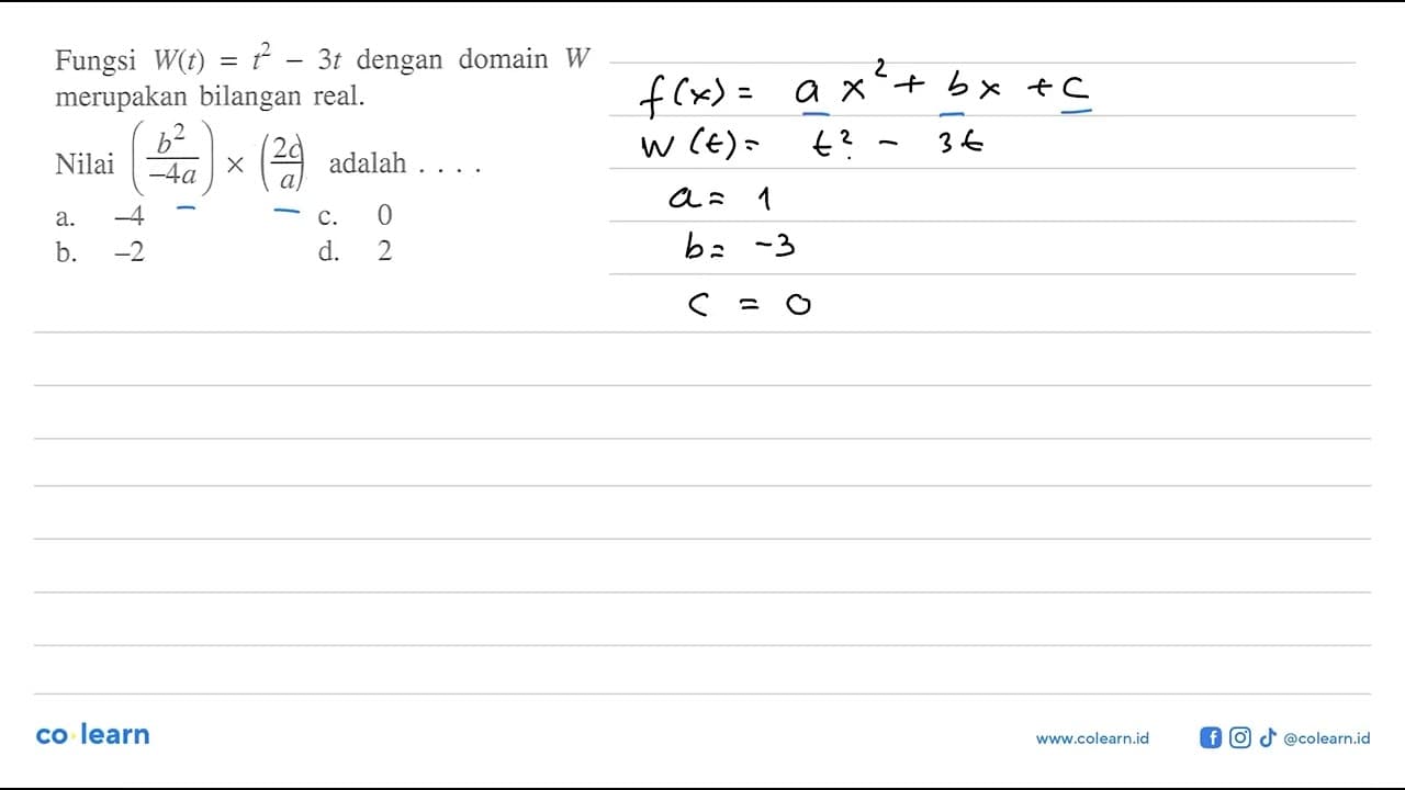 Fungsi W(t)=t^2-3t dengan domain W merupakan bilangan real.