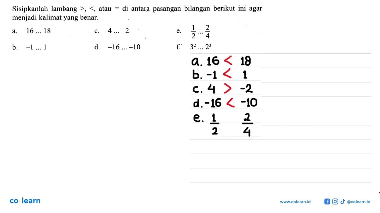 Sisipkanlah lambang >, <, atau = di antara pasangan