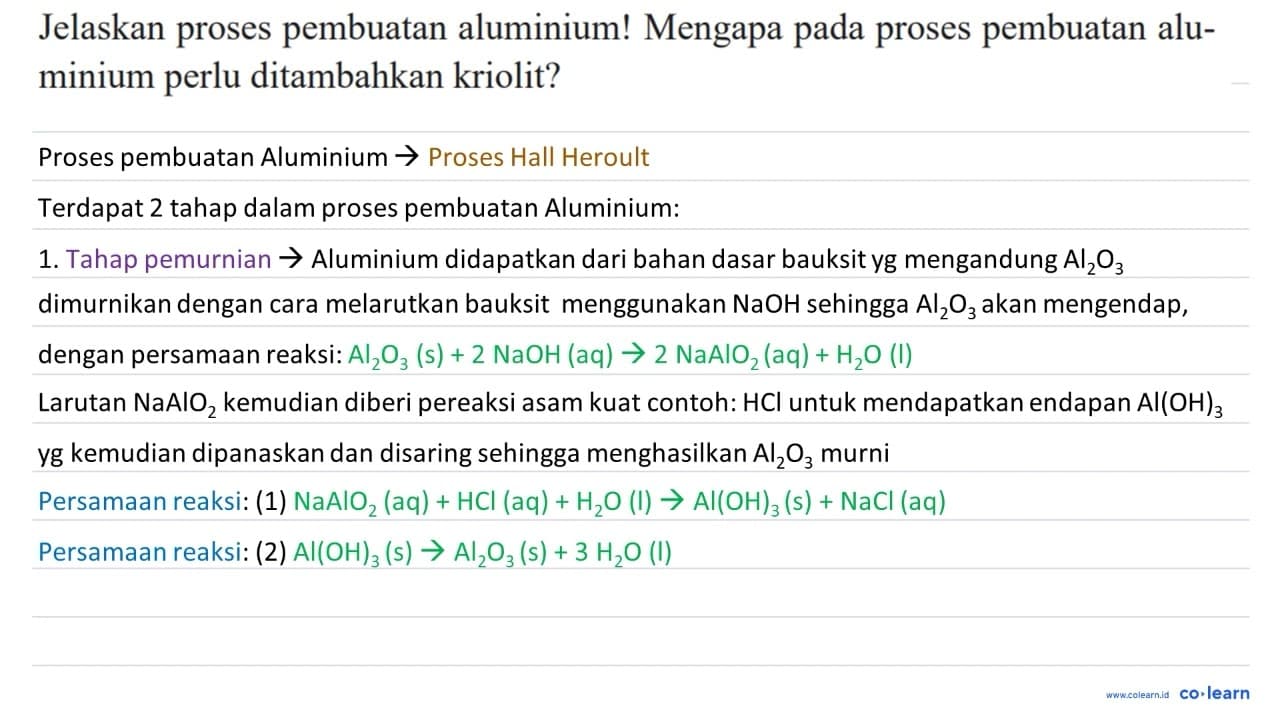 Jelaskan proses pembuatan aluminium! Mengapa pada proses