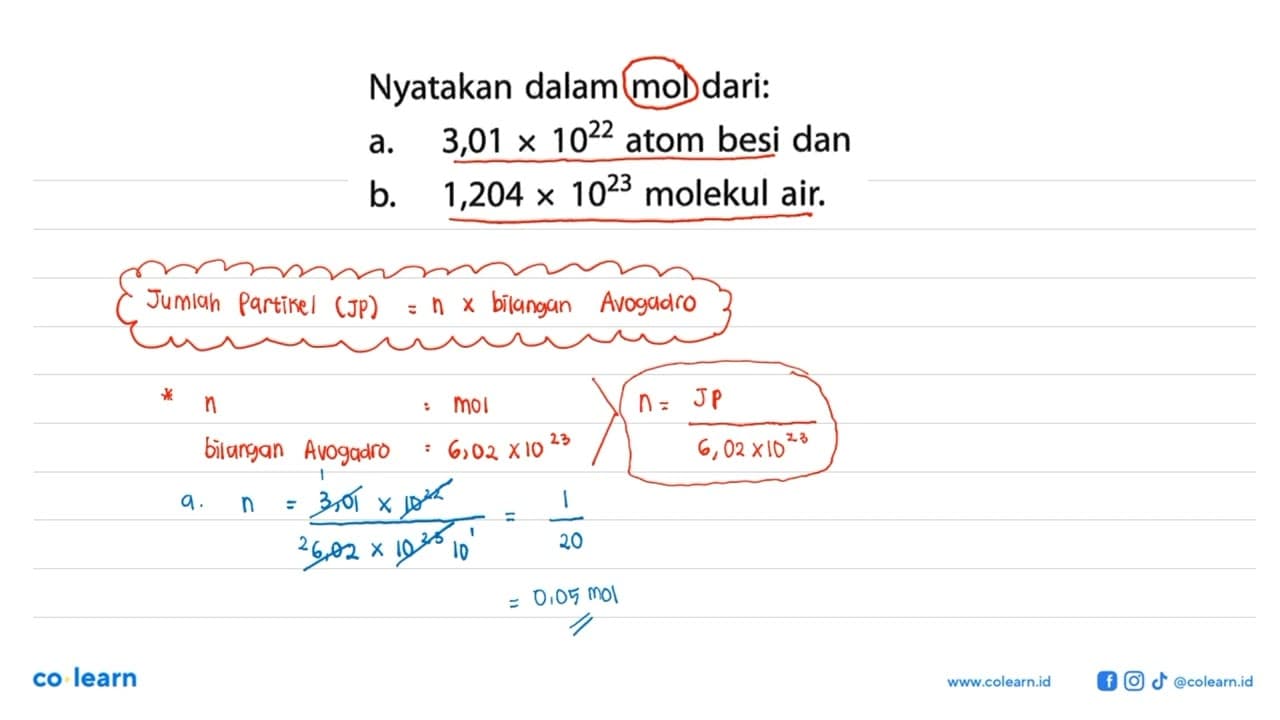 Nyatakan dalam mol dari:a. 3,01 x 10^22 atom besi danb.