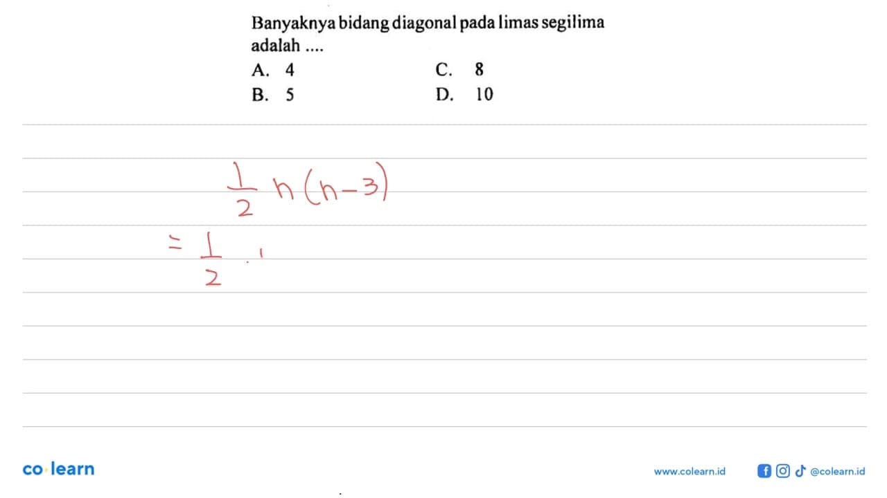 Banyaknya bidang diagonal pada limas segilima adalah ....