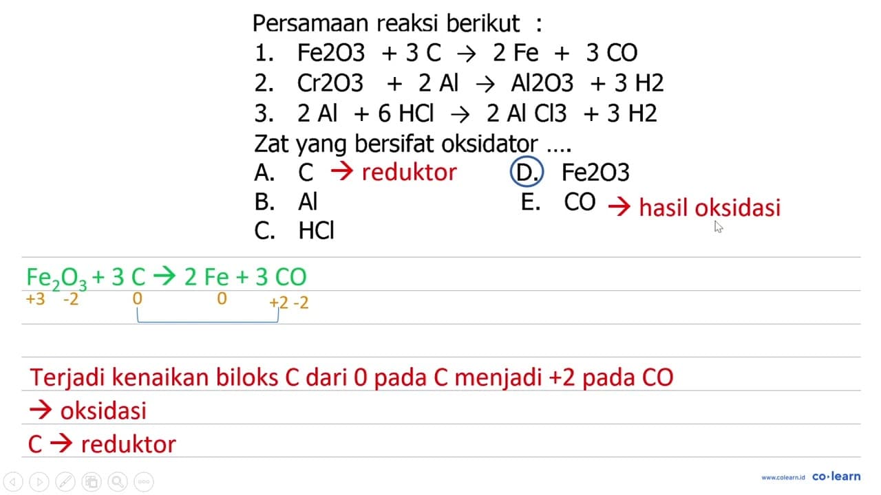 Persamaan reaksi berikut : 1. Fe2O3 + 3 C - > 2 Fe + 3 CO