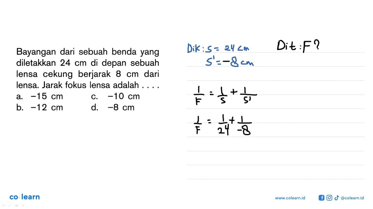 Bayangan dari sebuah benda yang diletakkan 24 cm di depan