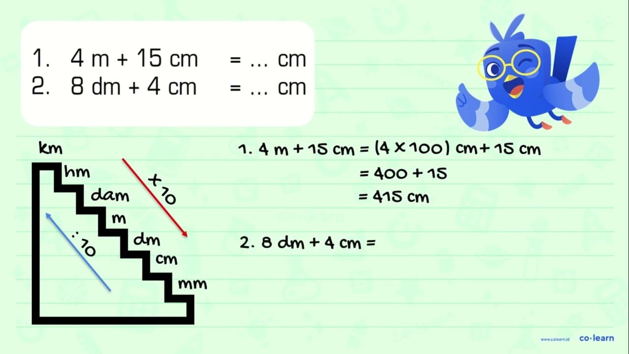 1. 4m + 15 m = .... cm 2. 8 dm + 4 cm = ... cm
