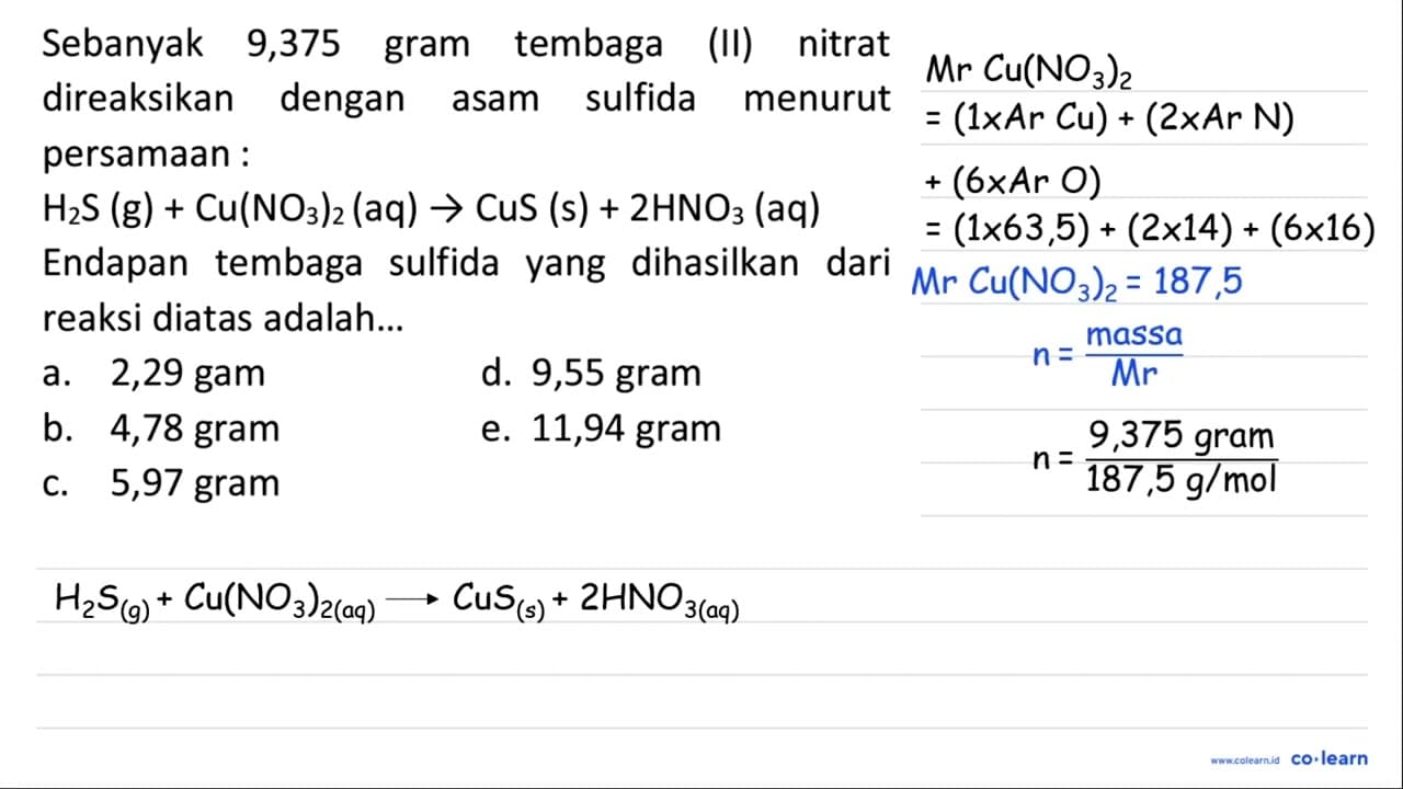 Sebanyak 9,375 gram tembaga (II) nitrat direaksikan dengan