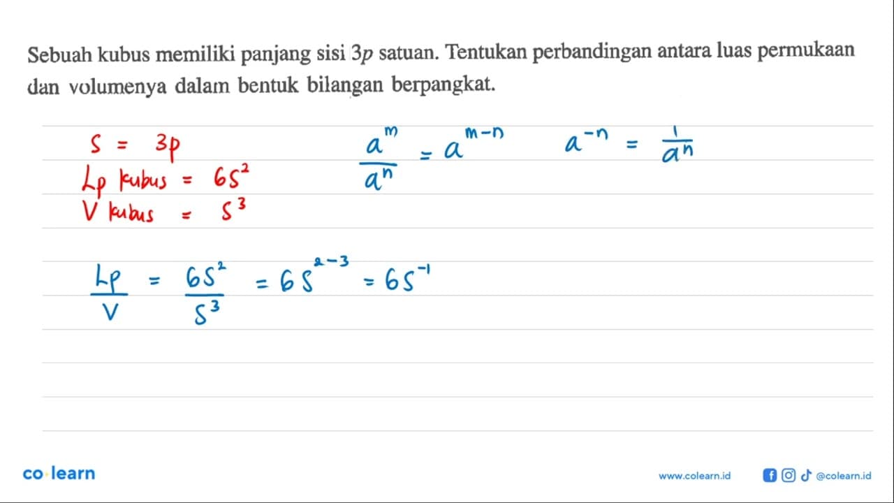 Sebuah kubus memiliki panjang sisi 3p satuan. Tentukan