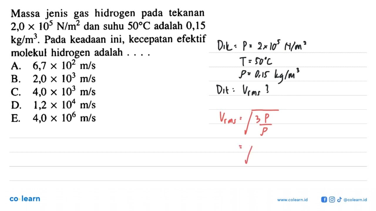 Massa jenis gas hidrogen pada tekanan 2,0 x 10^5 N/m^2 dan