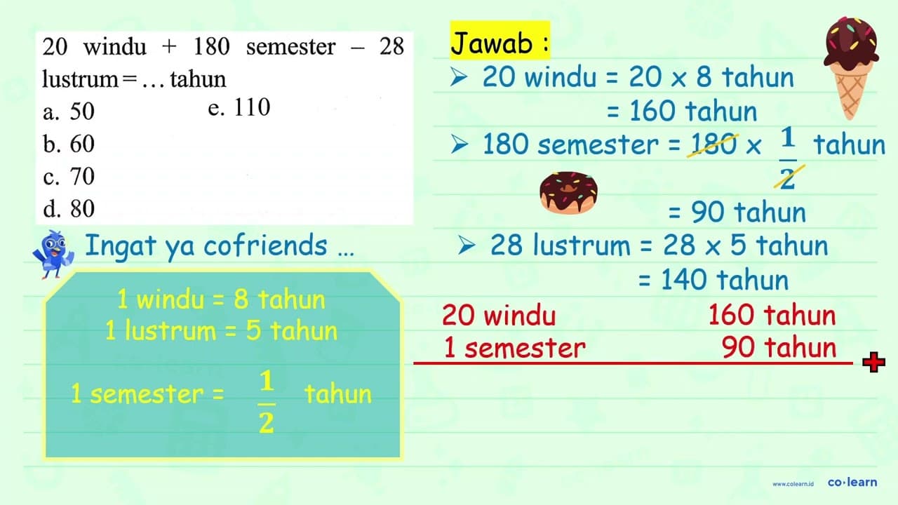 20 windu + 180 semester - 28 lustrum = ... tahun.