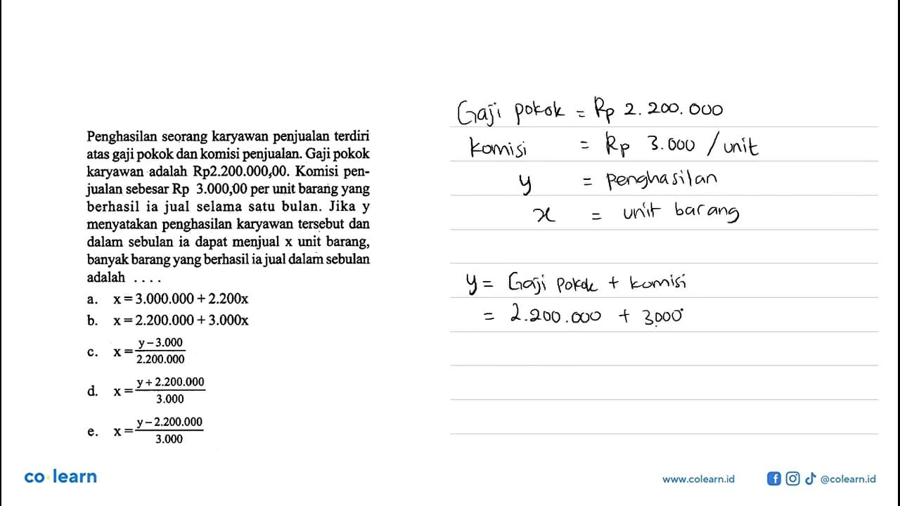 Penghasilan seorang karyawan penjualan terdiri atas gaji