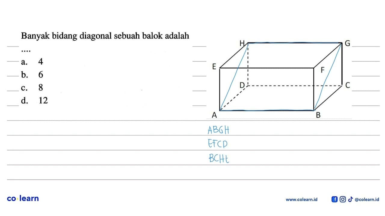 Banyak bidang diagonal sebuah balok adalah