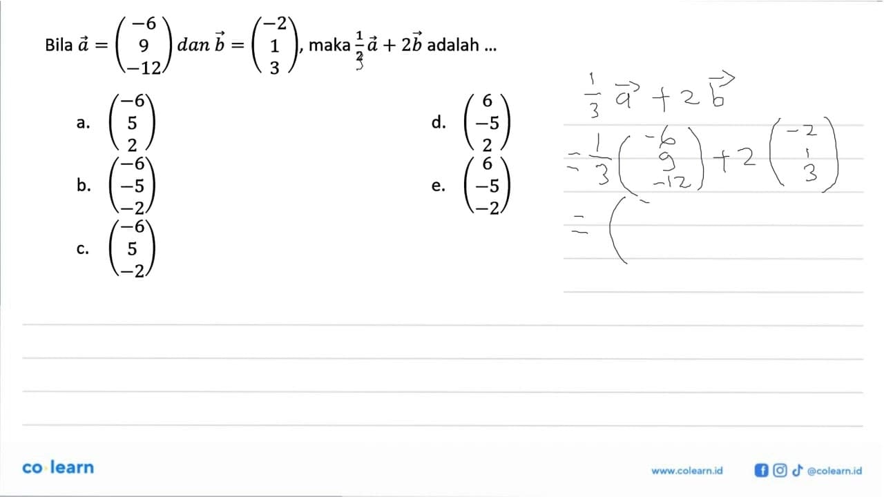 Bila vektor a=(-6 9 -12) dan vektor b=(-2 1 3), maka 1/2a+