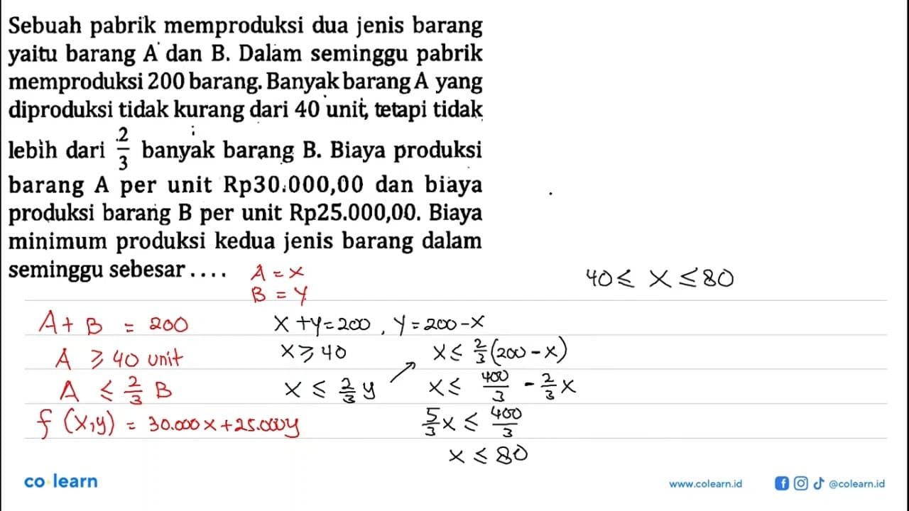 Sebuah pabrik memproduksi dua jenis barang A dan B. Dalam