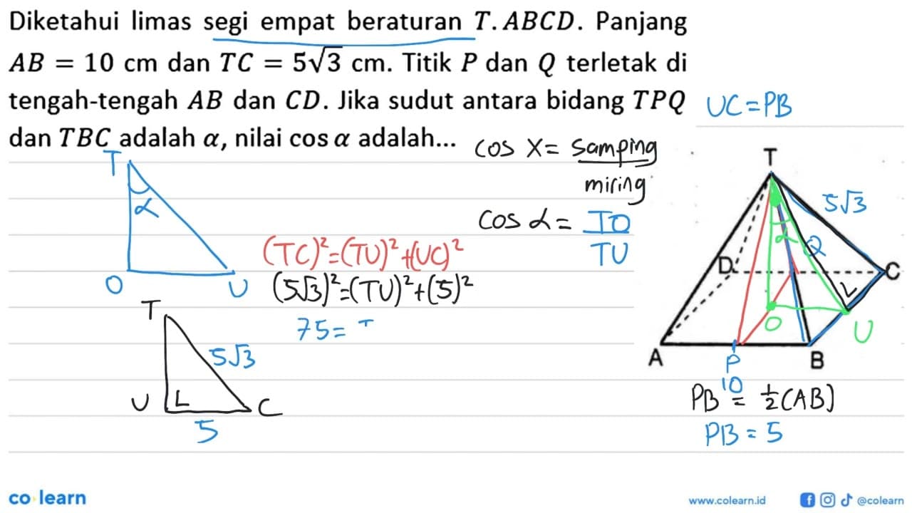 Diketahui limas segi empat beraturan T.ABCD. Panjang AB=10