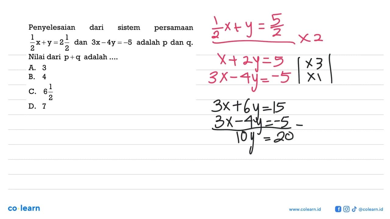 Penyelesaian dari sistem persamaan 1/2 x+y=2 1/2 dan