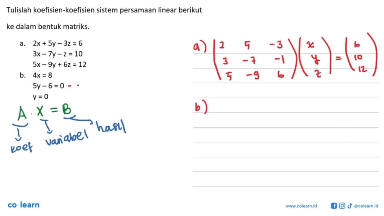 Tuliskan koefisien-koefisien sitem persamaan linear berikut