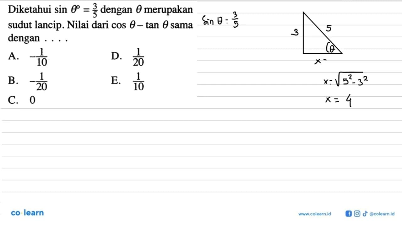 Diketahui sin theta=3/5 dengan theta merupakan sudut