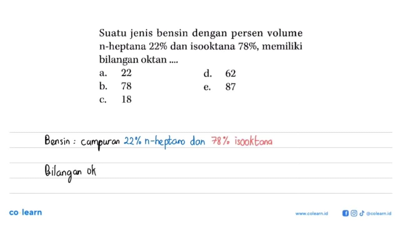 Suatu jenis bensin dengan persen volume n-heptana 22% dan