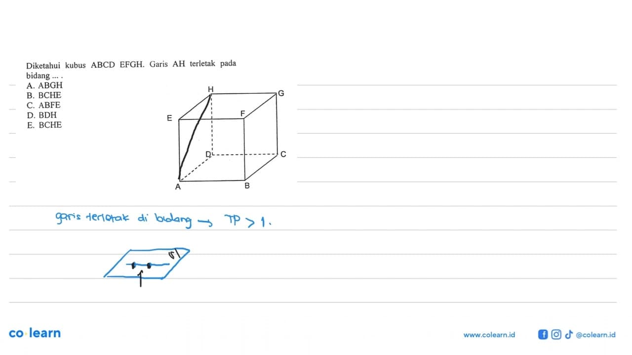 Diketahui kubus ABCD EFGH. Garis AH terletak pada bidang