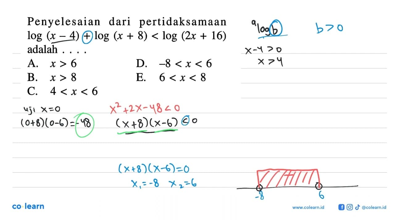 Penyelesaian dari pertidaksamaan log(x-4) + log(x+8) < log