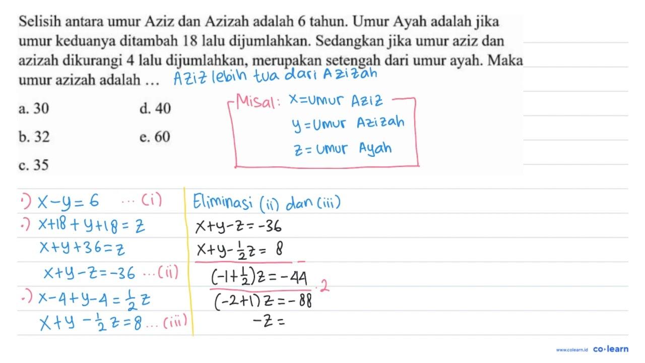 Selisih antara umur Aziz dan Azizah adalah 6 tahun. Umur