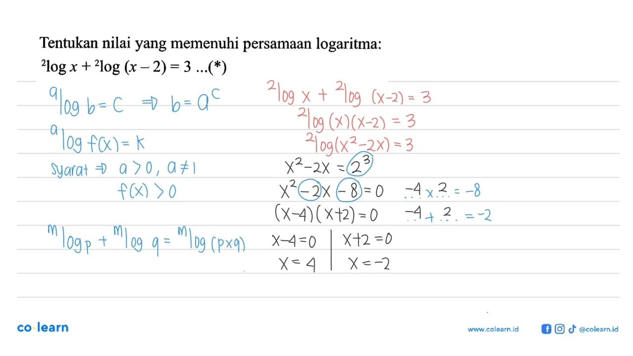 Tentukan nilai yang memenuhi persamaan logaritma: