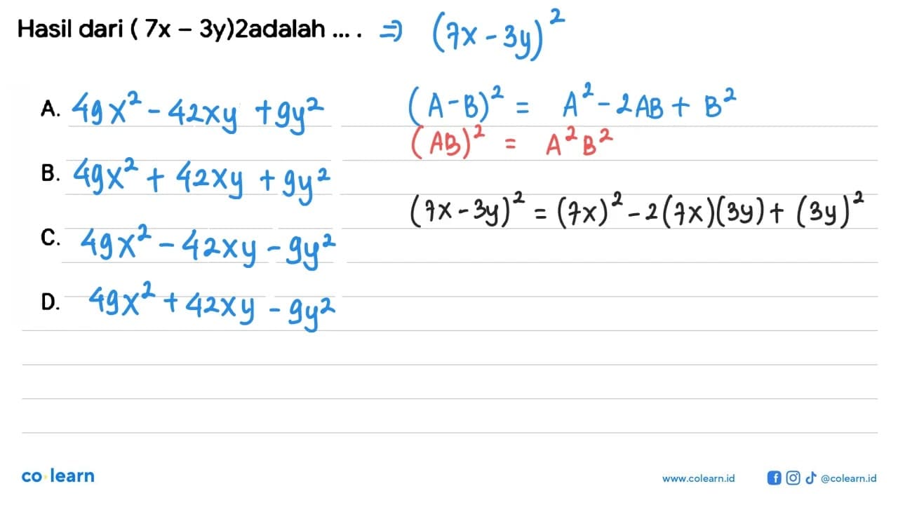 Hasil dari (7x-3y)2 adalah ...