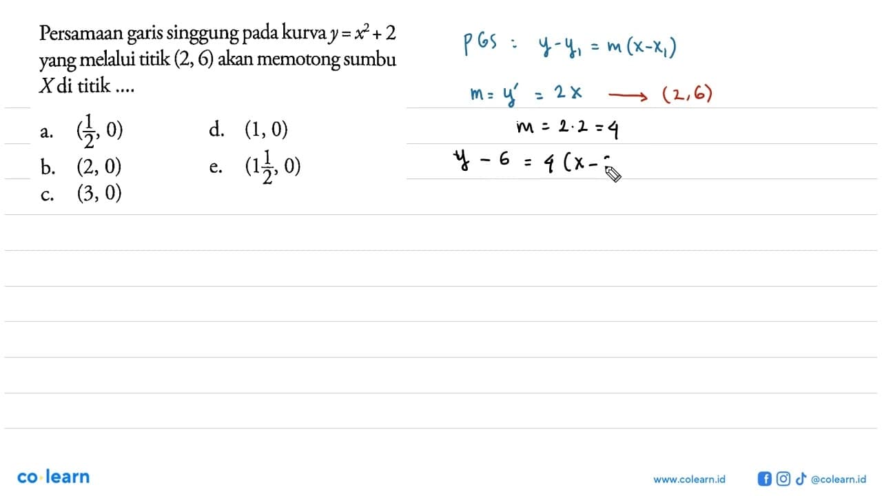 Persamaan garis singgung pada kurva y=x^2+2 yang melalui