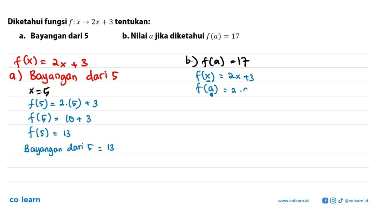 Diketahui fungsi f:x -> 2x + 3 tentukan. a. Bayangan dari 5