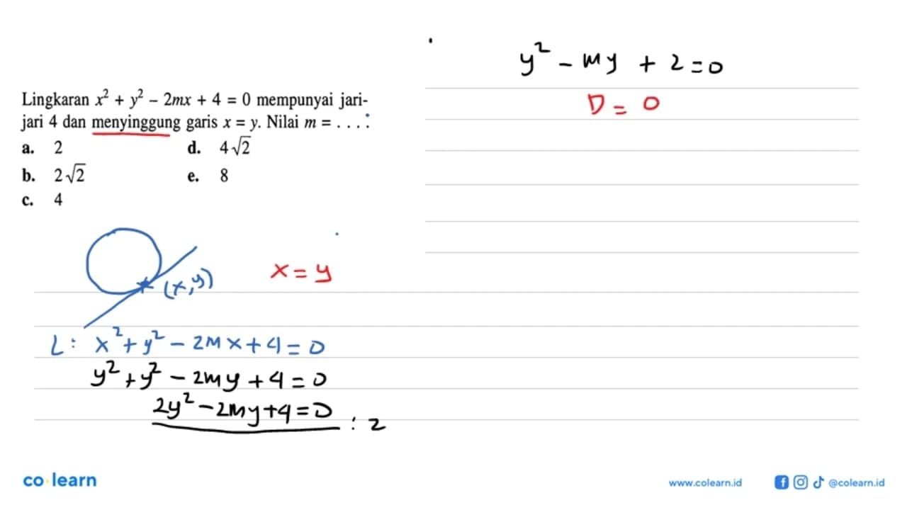 Lingkaran x^2+y^2-2mx+4=0 mempunyai jarijari 4 dan