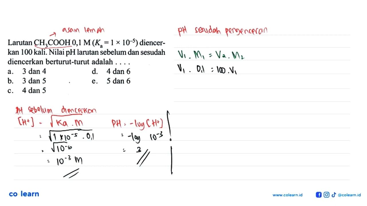 Larutan CH3COOH 0,1 M(Ka=1 x 10^-5) diencerkan 100 kali.