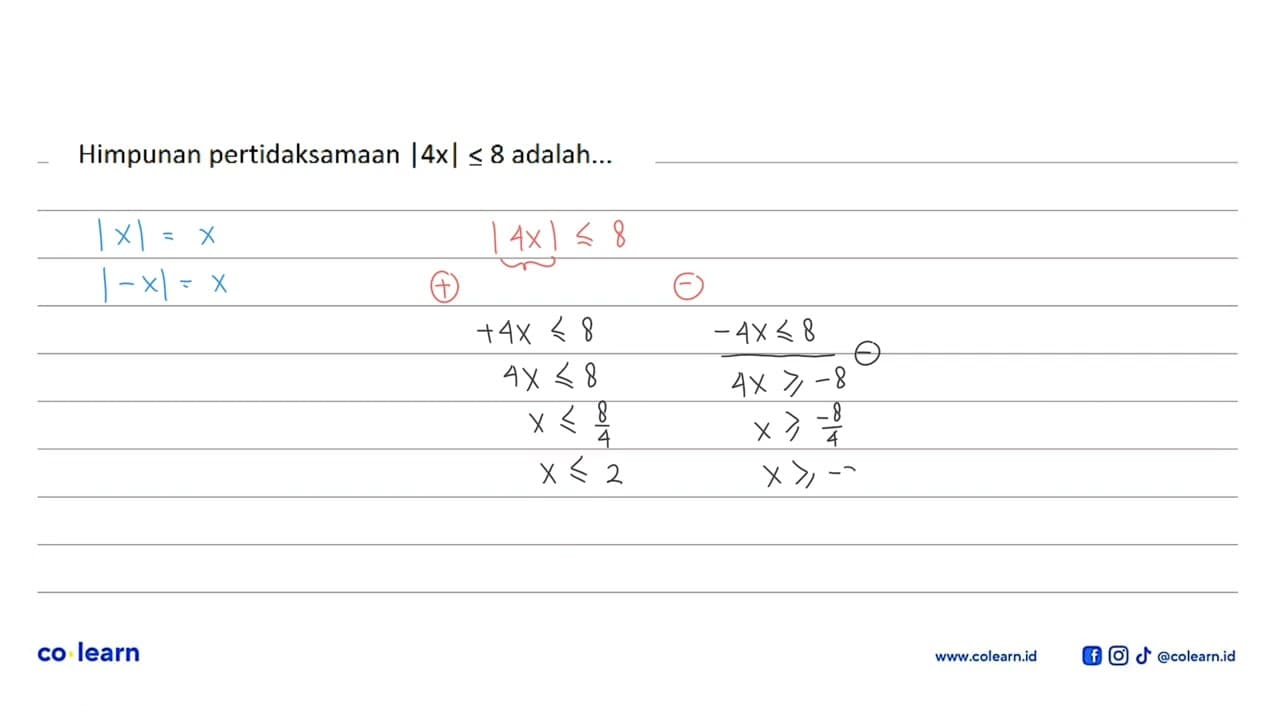 Himpunan pertidaksamaan |4x|<=8 adalah ....