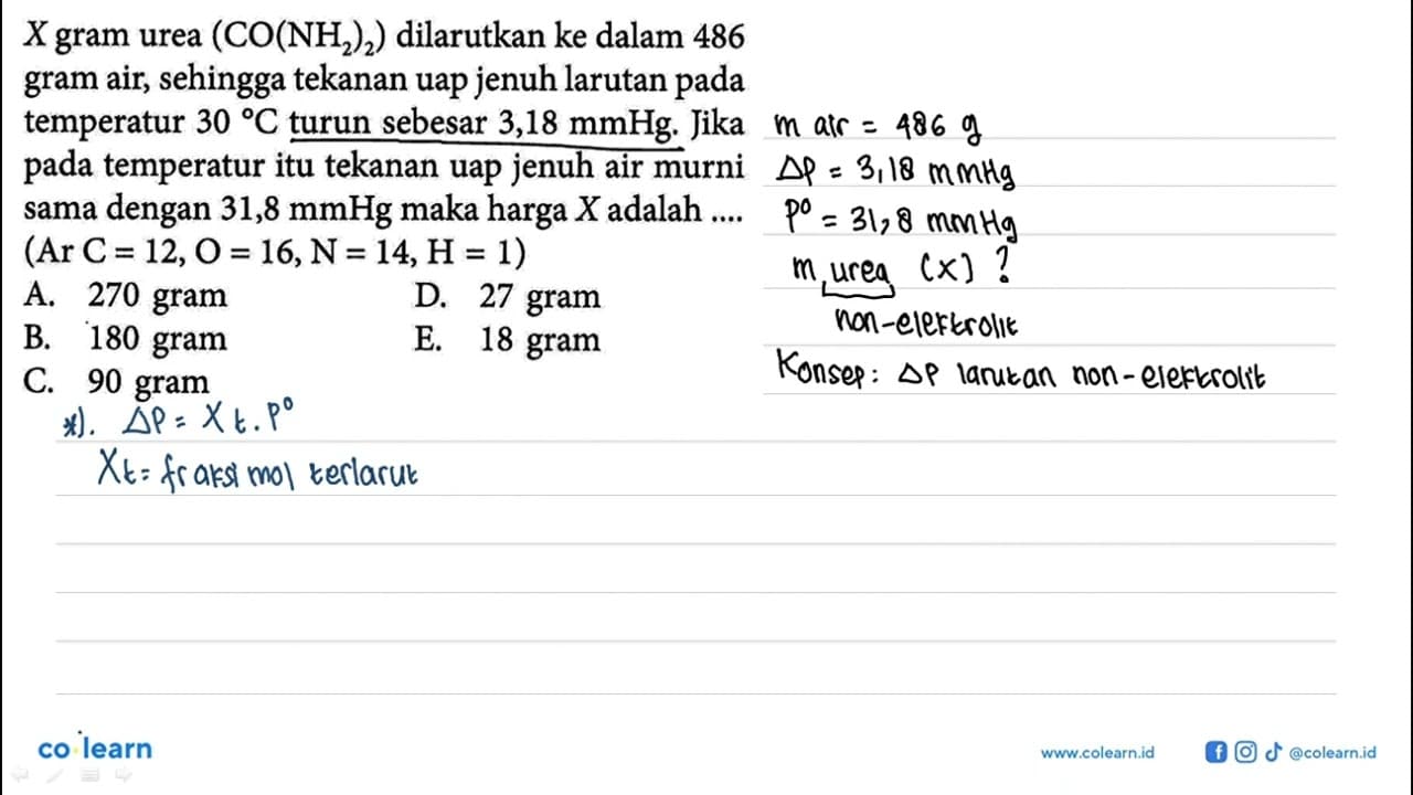 X gram urea (CO(NH2)2) dilarutkan ke dalam 486 gram air,