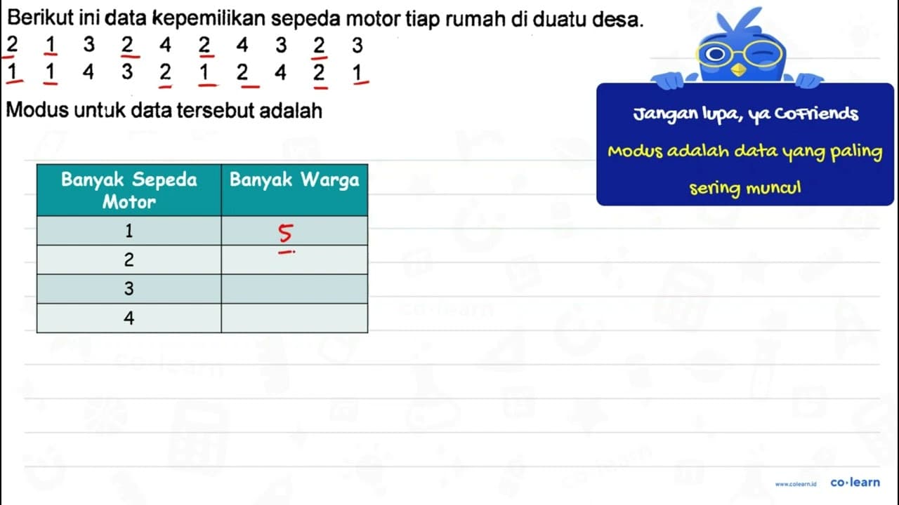 Berikut ini data kepemilikan sepeda motor tiap rumah di