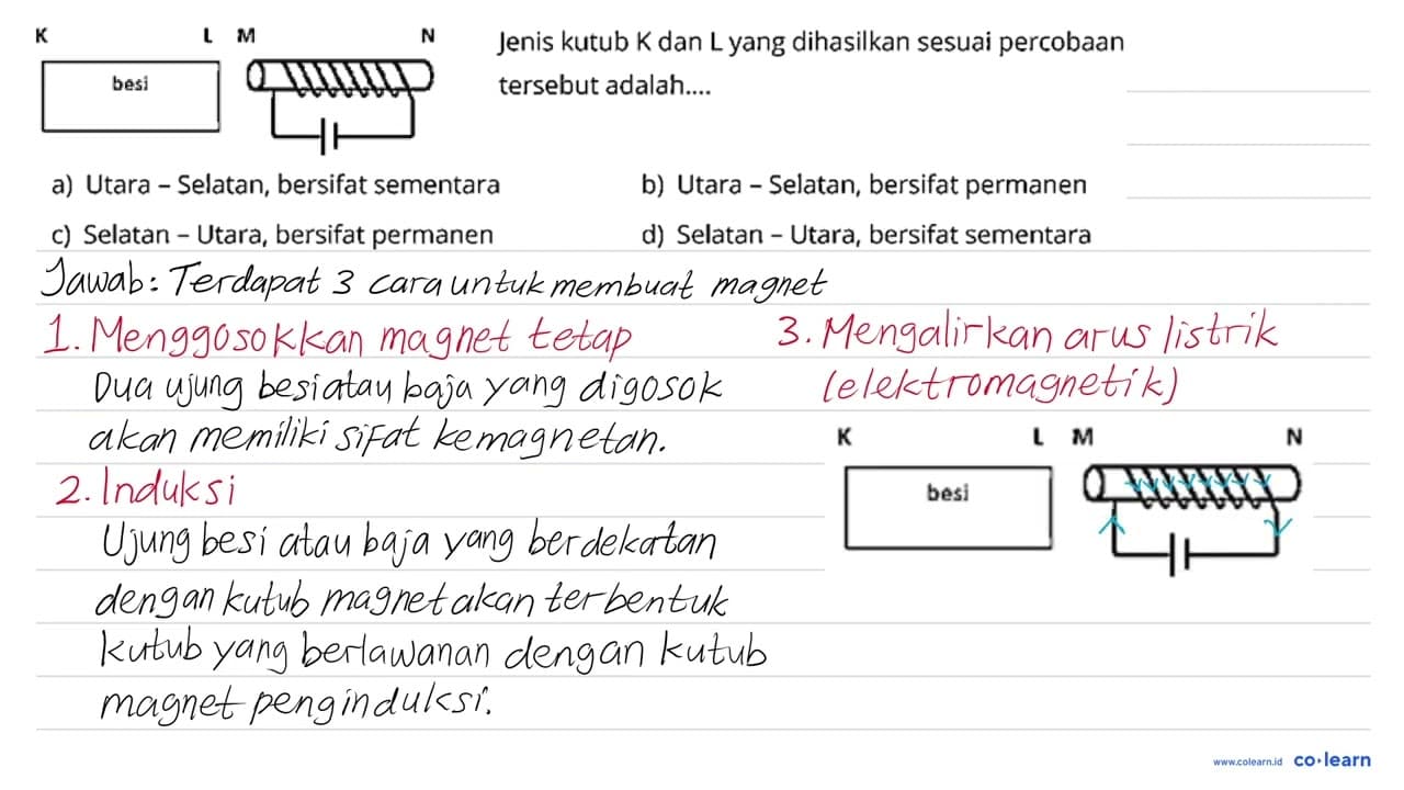 Jenis kutub K dan L yang dihasilkan sesuai percobaan