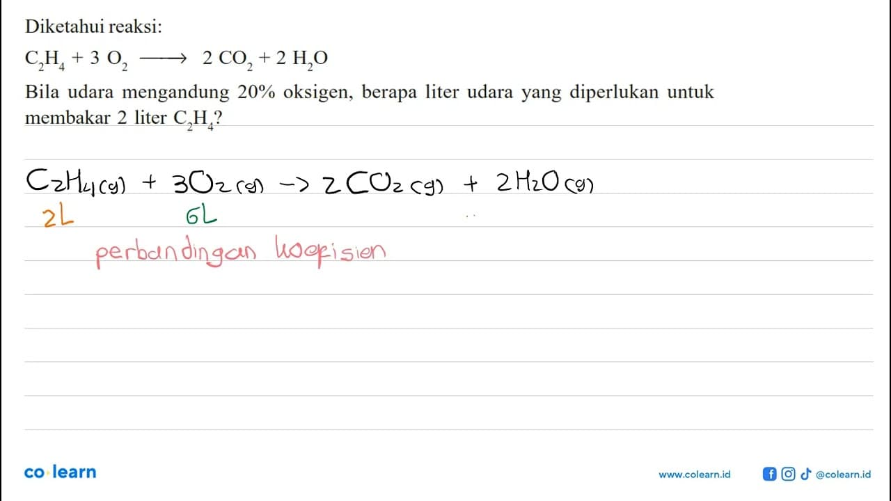 Diketahui reaksi:C2H4+3 O2 => 2 CO2+2 H2OBila udara