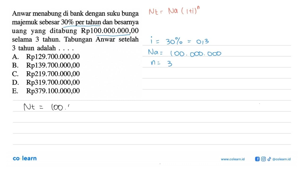 Anwar menabung di bank dengan suku bunga majemuk sebesar 30