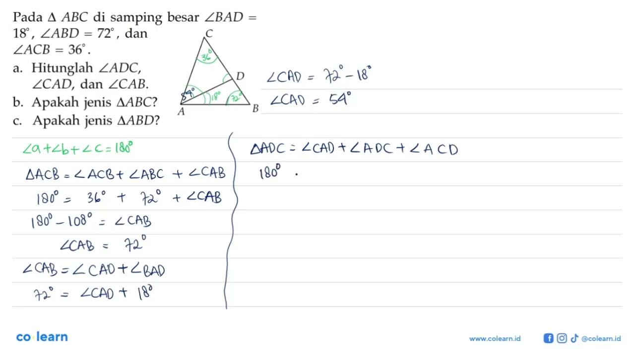 Pada segitiga ABC di samping besar sudut BAD= 18, sudut