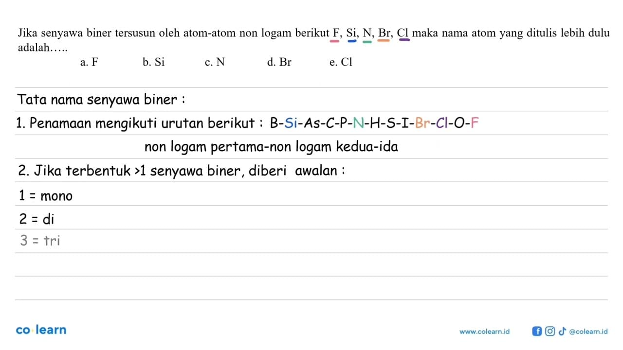 Jika senyawa biner tersusun oleh atom - atom non logam