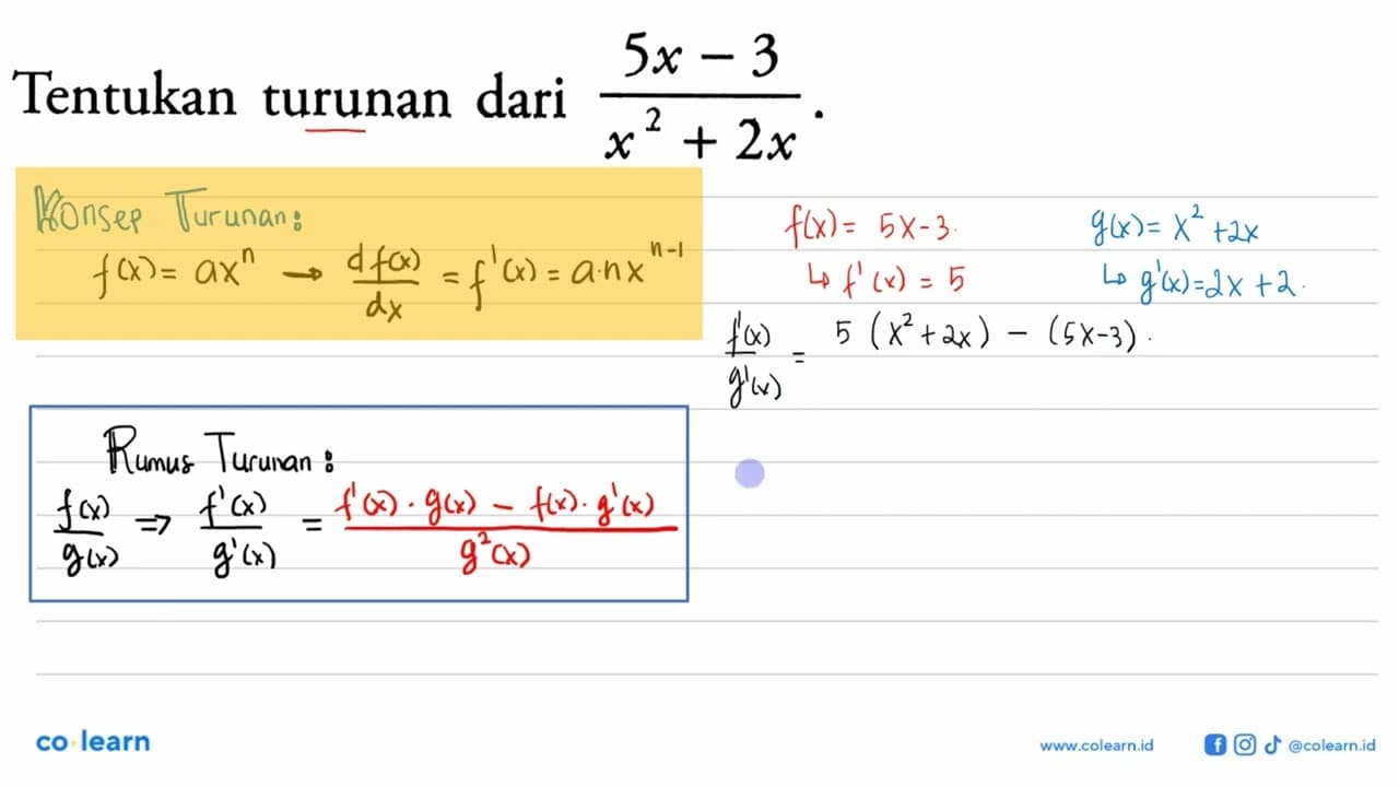 Tentukan turunan dari (5x-3)/(x^2+2x).