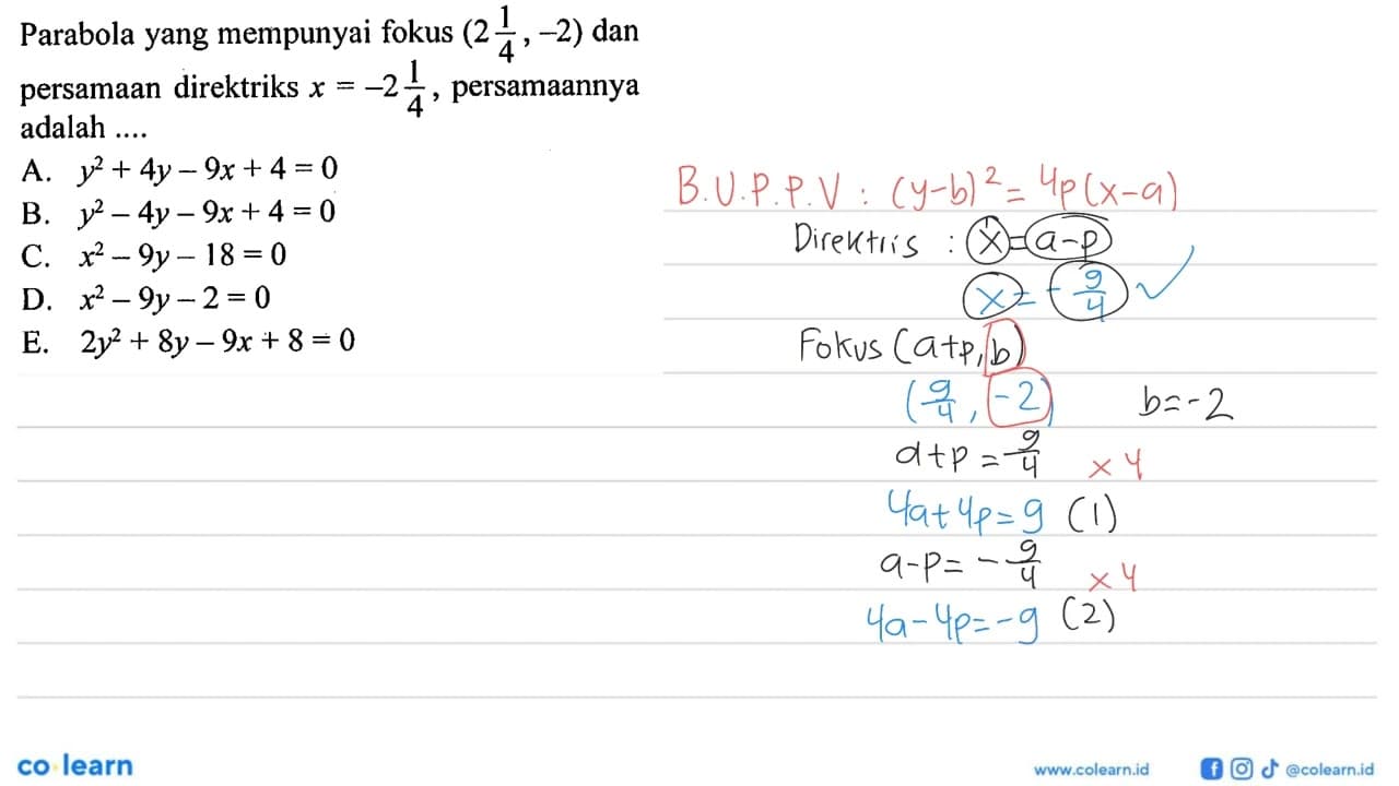 Parabola yang mempunyai fokus (2 1/4,-2) dan persamaan