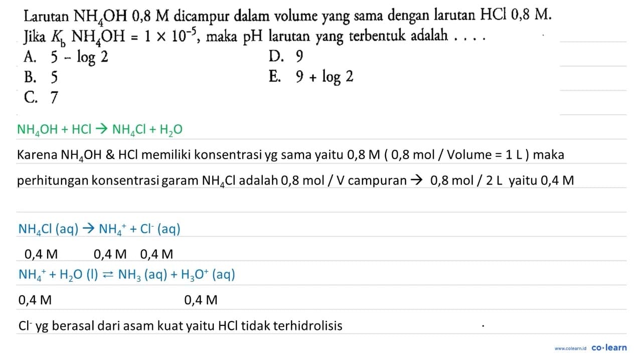 Larutan NH4OH 0,8 M dicampur dalam volume yang sama dengan