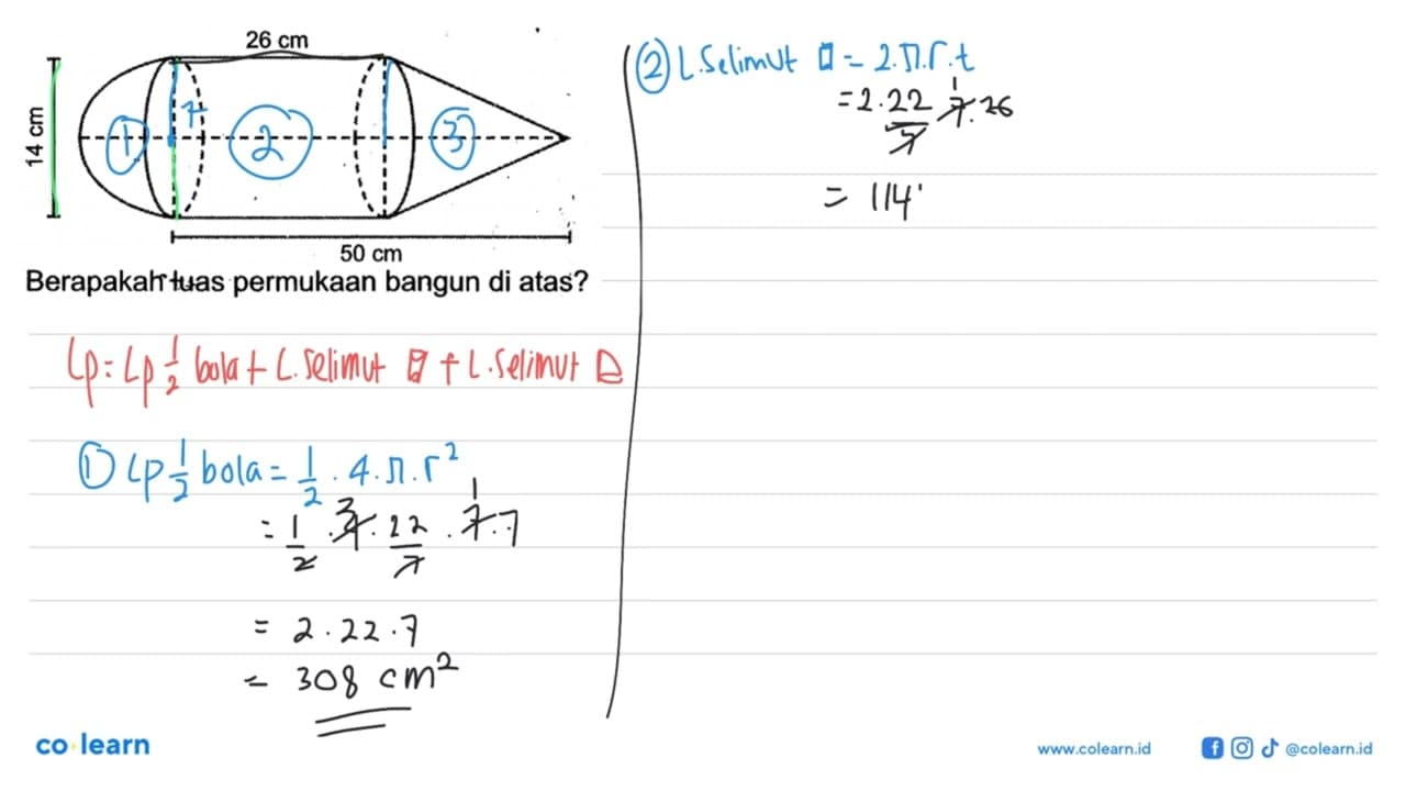 14 cm 26 cm 50 cm Berapakah luas permukaan bangun di atas?