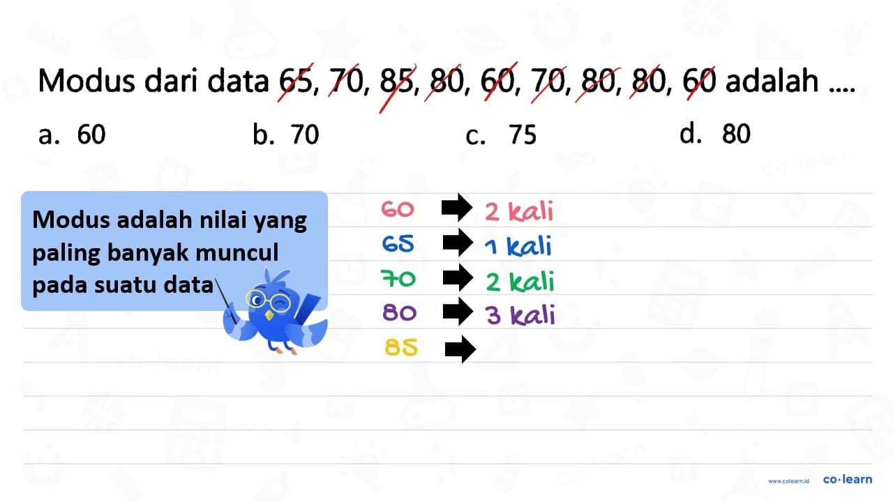 Modus dari data 65,70,85,80,60,70,80,80,60 adalah .... a.