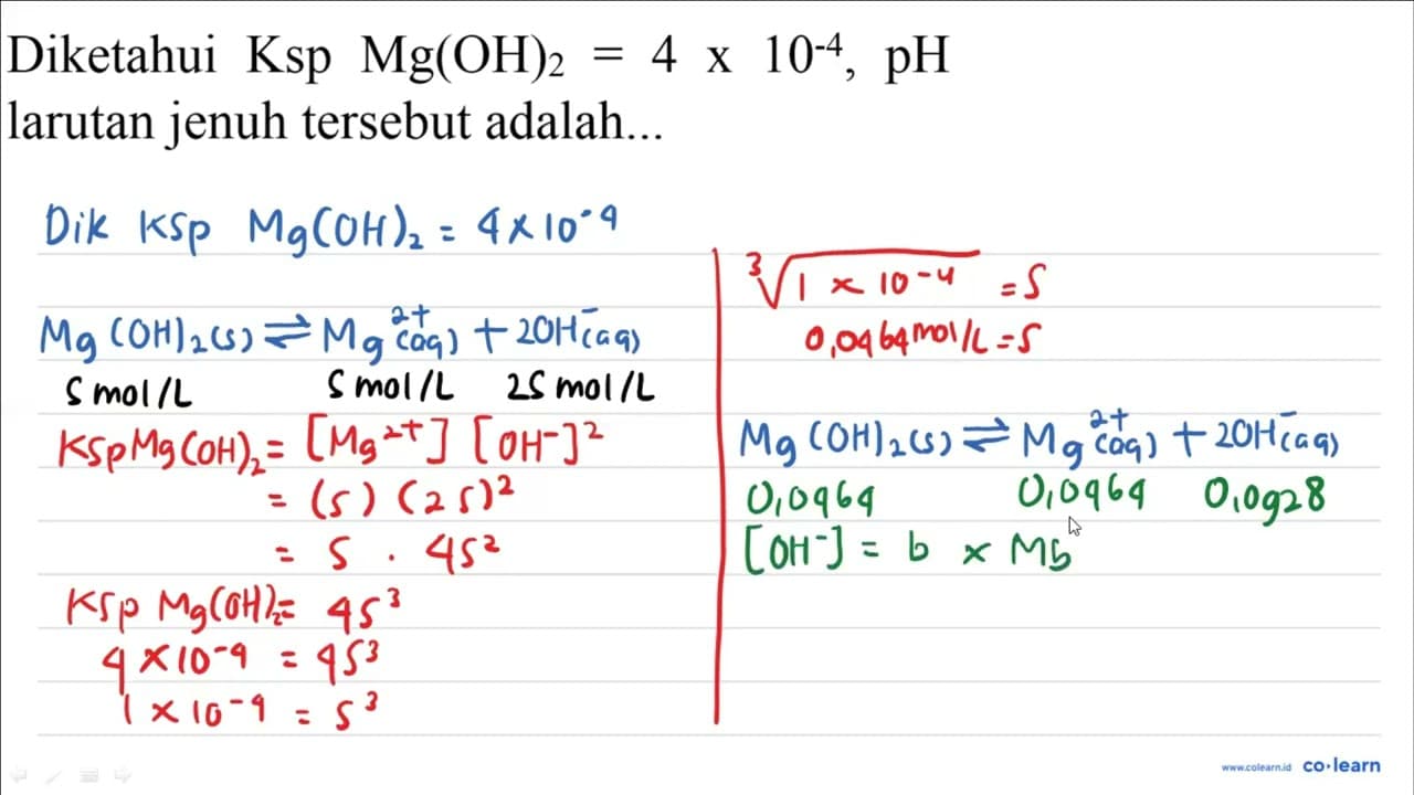 Diketahui Ksp Mg(OH)_(2)=4 x 10^(-4), pH larutan jenuh