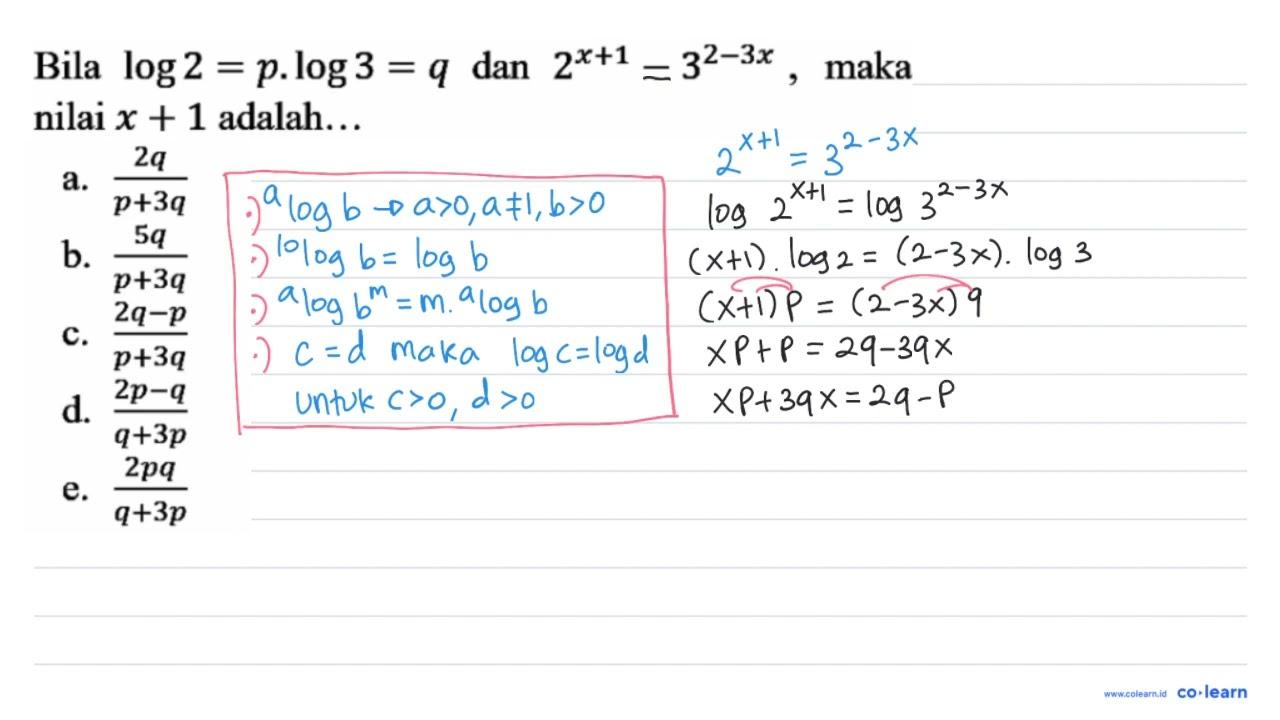 Bila log 2=p . log 3=q dan 2^(x+1)-3^(2-3 x) , maka nilai