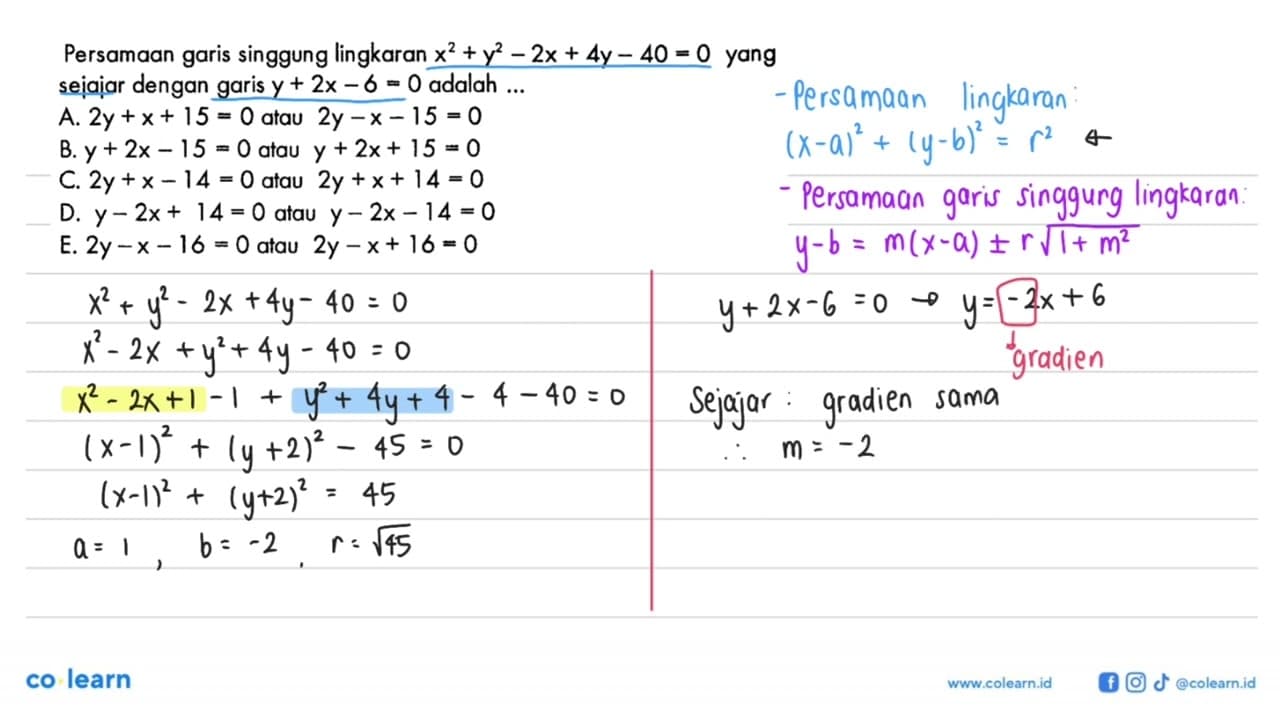 Persamaan garis singgung lingkaran x^2+y^2-2x+4y-40=0 yang