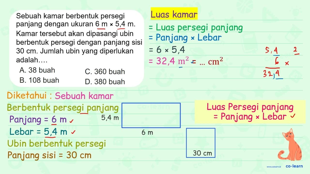 Sebuh kamar berbentuk persegi panjang dengan ukuran 6 m x