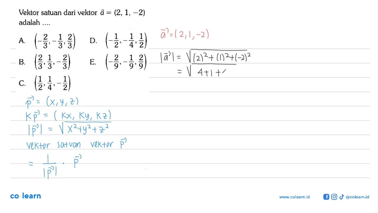 Vektor satuan dari vektor a=(2,1,-2) adalah ...