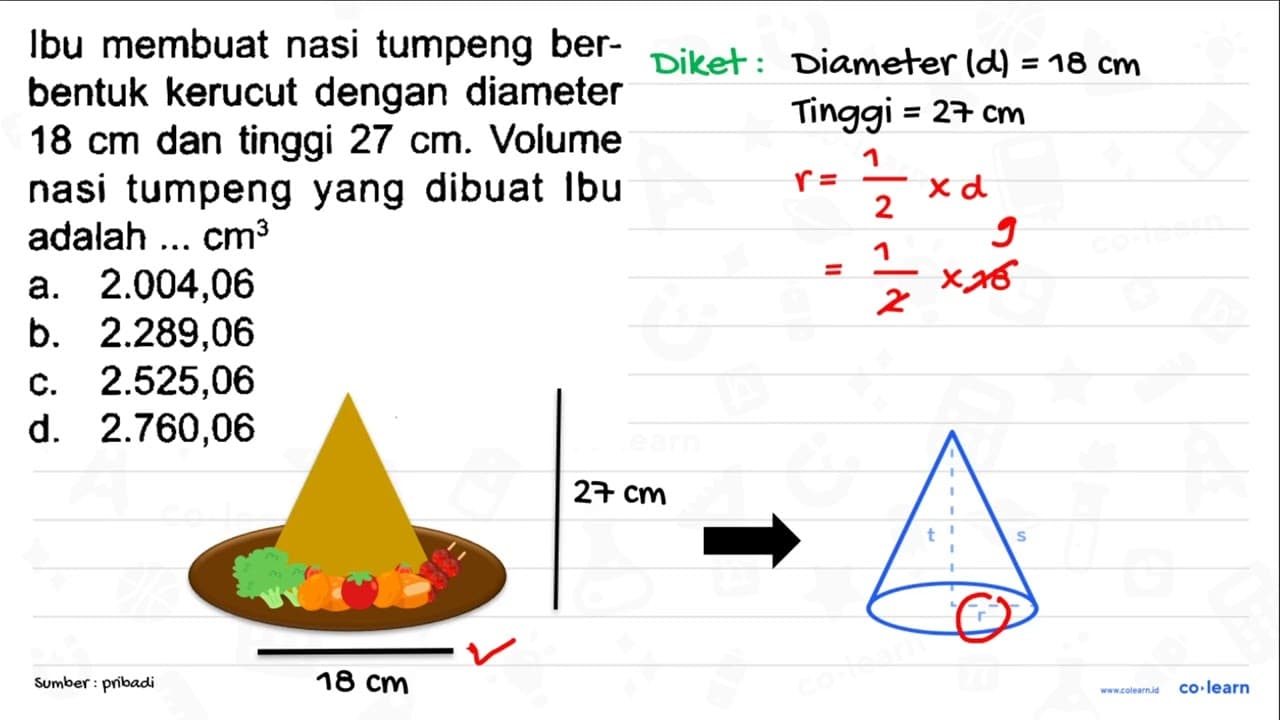 Ibu membuat nasi tumpeng berbentuk kerucut dengan diameter