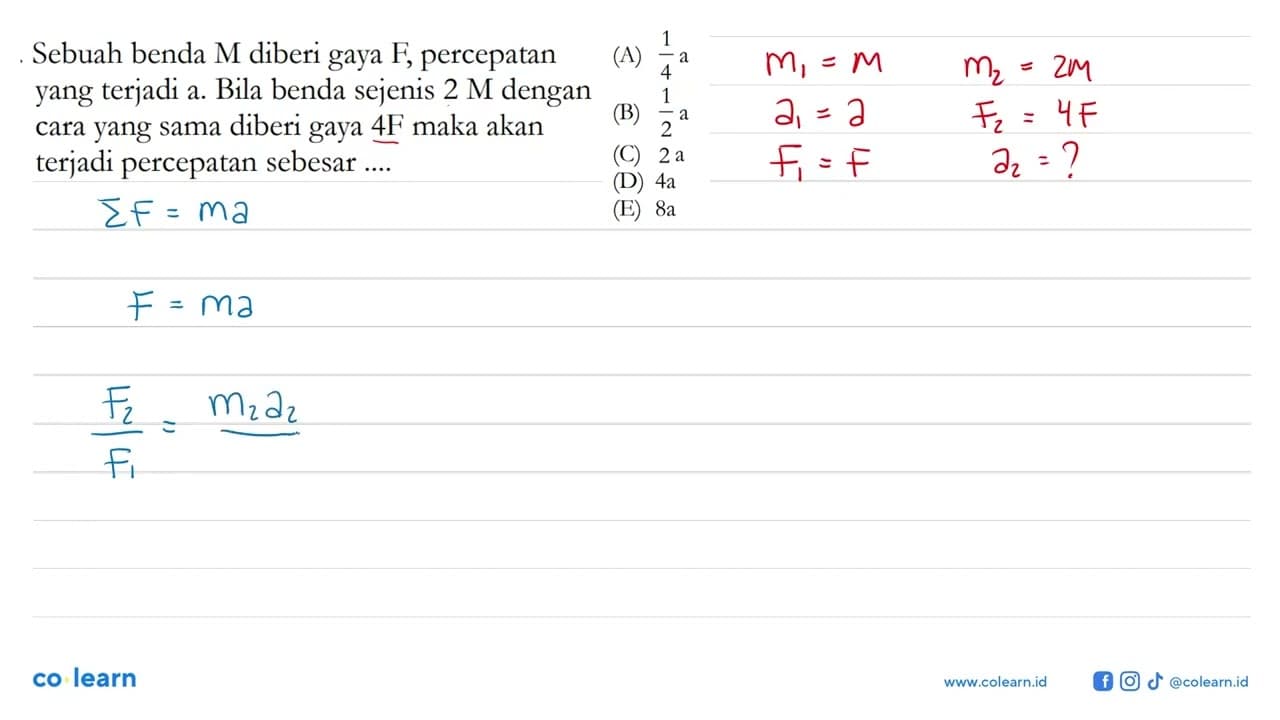 Sebuah benda M diberi gaya F, percepatan yang terjadi a.